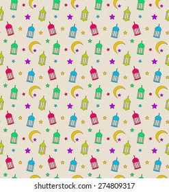 Ilustración Patrón oriental sin soldadura con luces árabes (Fanoos), centavos y estrellas. Iconos planos coloreados a mano - Vector