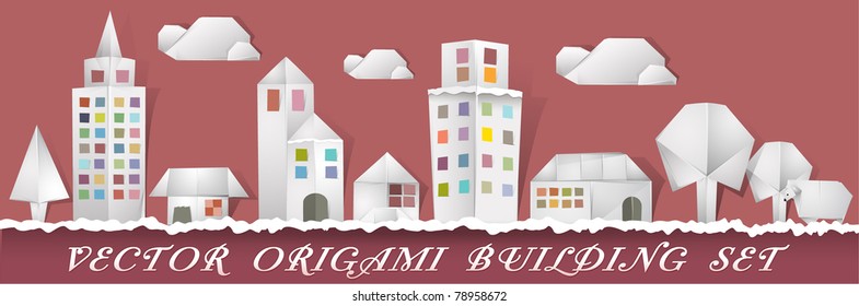 Illustration origami building set, Illustration of folded paper models,