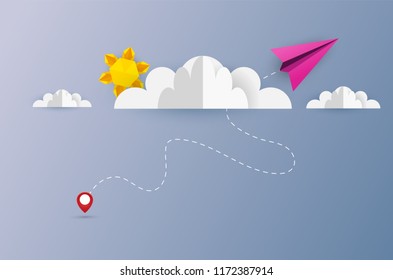 illustration of origami cloudscape, plane flying on sky with paper cloud and sun. design by paper art and digital craft style.