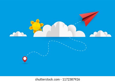 illustration of origami cloudscape, plane flying on sky with paper cloud and sun. design by paper art and digital craft style.