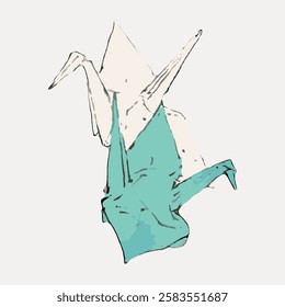 Illustration of an origami crane, a teal and white color scheme. The origami crane design is simple and elegant, showcasing traditional paper folding art. Vintage Japanese illustration vector.