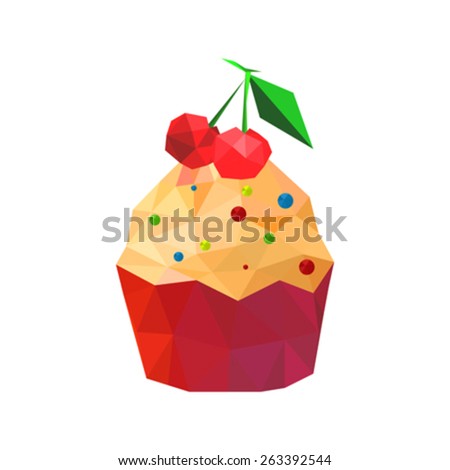 Illustration of origami cupcake with cherries isolated on white background