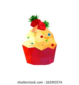 Illustration of origami cupcake with strawberries isolated on white background