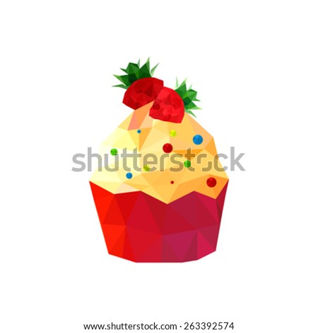 Illustration of origami cupcake with strawberries isolated on white background