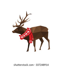Illustration of origami deer with Christmas scarf isolated on white background