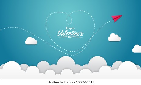 illustration origami paper craft plane flying with hearth shape for valentine's day event. Banner poster template. Vector illustration