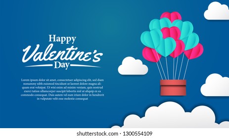 Illustration of origami paper craft style hearth shape air balloon flying for valentine's day banner poster template