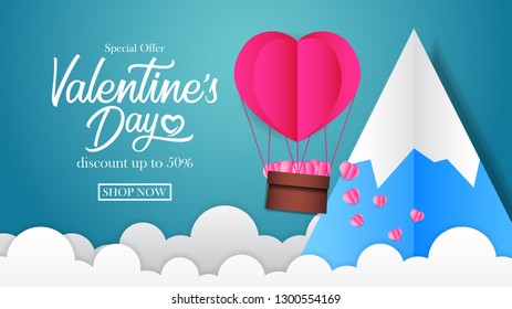 Illustration of origami paper craft style hearth shape air balloon flying with mountain for valentine's day banner poster template