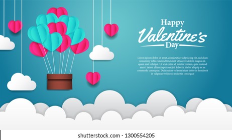 Illustration of origami paper craft style hearth shape air balloon flying for valentine's day banner poster template