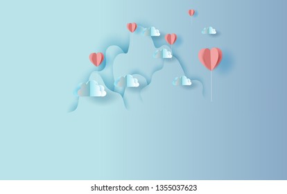 illustration of Origami red balloons heart shape floating with Mountains landscape view scene place for your love text space background.Valentine's day concept.Design Paper cut and craft style vector