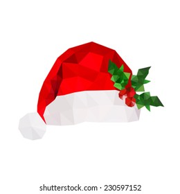 Illustration of origami santa hat with holly leaves