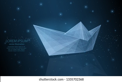 Illustration of origami ship, on a dark night sky with stars made in polygonal shape.