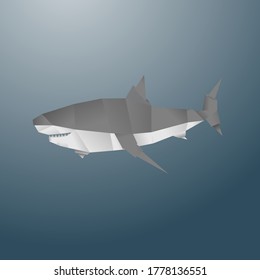 illustration in origami style, aggressive, dangerous, blue, gray shark deep under water, in the sea, in the ocean