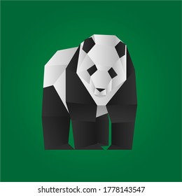 
illustration in origami style, flat, black and white bear, panda stands, front view on a green background