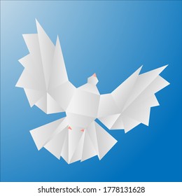 
illustration in origami style, white bird dove flies in the sky, symbol of peace, love and fidelity, bottom view