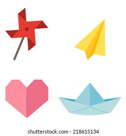 illustration of origami windmill,aircraft,heart,ship vector