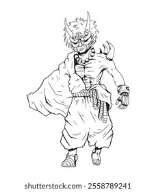 Illustration of an original character in anime style. A samurai wearing japanese demon mask. Used for coloring book