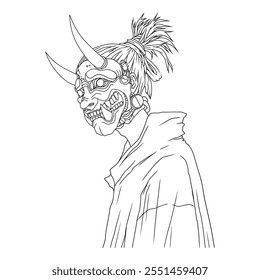 Illustration of an original character with japanese style. A man wearing demon mask. Used for coloring book