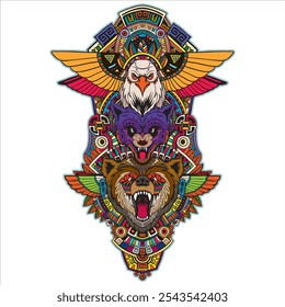 illustration of ornament eagle bear and fox line art colorful from tribe theme design