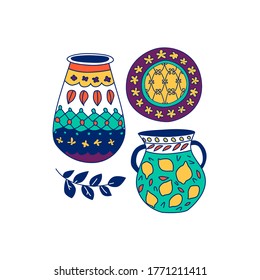 Illustration of ornamented jugs and dishes.