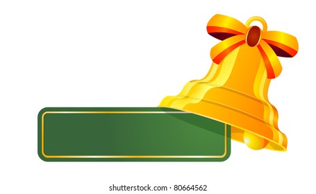 illustration of an ornate bell with a ribbon and a green sign with free space for text