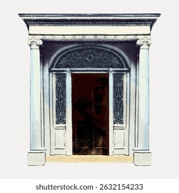 Ilustração de uma porta ornamentada com colunas e painéis de vidro intrincados. Projeto elegante da porta com colunas clássicas. Detalhe arquitetônico em porta e colunas. Vintage arte ilustração vetor.