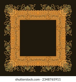 Illustration of an ornate gold frame against a black background