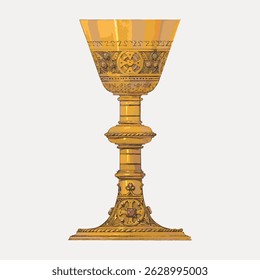 Illustration of an ornate golden chalice with intricate designs and patterns. The chalice features detailed engravings and a decorative stem and base. Vintage art illustration vector.
