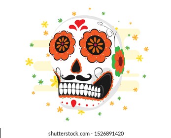 Illustration of ornate skull or calaveras on white background decorated with flowers.