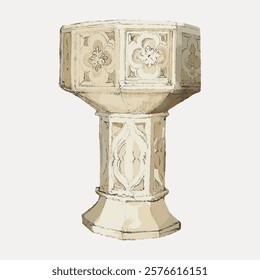 Illustration of an ornate stone baptismal font with intricate carvings. The baptismal font features detailed designs, showcasing classic stone craftsmanship. Isolated vintage vector element.