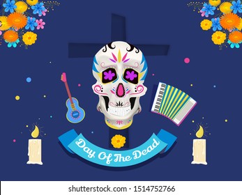 Illustration of ornate sugar skull with musical instrument, illuminated candles and flowers on blue cross background for Day of the dead banner or poster design.