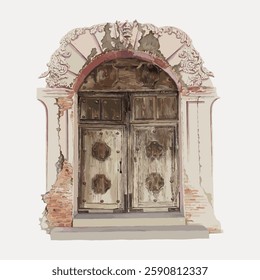 Illustration of an ornate, weathered wooden door with intricate carvings and a brick arch. The vintage door features detailed designs and a rustic, aged appearance. Vintage art painting vector.