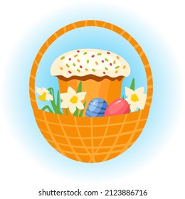 Illustration with Orthodox Easter Cake and colorful eggs in basket with narcissus, vector image, eps10