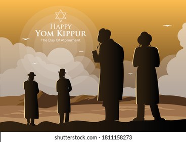 An illustration of orthodox Jews perform a jewish prayer named Tashlich a day ahead of Yom Kippur 