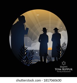 An illustration of orthodox Jews perform a jewish prayer named Tashlich a day ahead of Yom Kippur. Yom Kippur means Day of Atonement