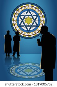 An illustration of orthodox Jews perform a jewish prayer named Tashlich a day ahead of Yom Kippur. Yom Kippur means Day of Atonement