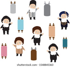 Illustration of Orthodox religious Jewish men, Yemenite, Ashkenazi, Sephardi, Jerusalemite, Lithuanian, Chabad, Dancing with Torah scrolls. Ashkenazi Torah scroll and Sefer Torah scroll.