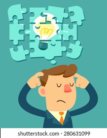 Illustration os businessman try to put idea bulb jigsaw pieces together