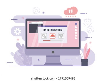 An illustration of os operating system software computer desktop screen gear and shield icon concept