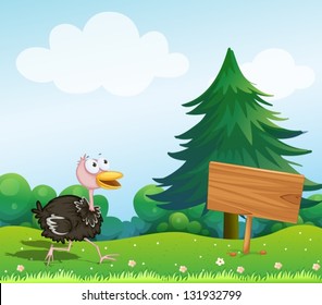 Illustration of an ostrich near an empty board
