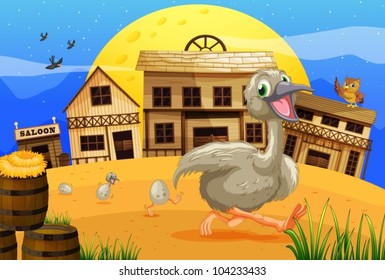 Illustration of an ostrich running through wild west town