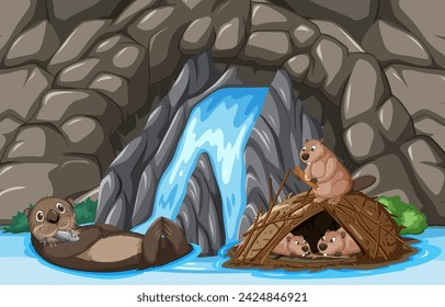 Illustration of otters near a waterfall and rocks.