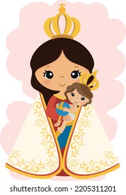 Illustration of our lady of nazareth, virgin of nazareth, brazil, marian devotions, religious images, maria, mother of jesus, virgin mary, children, child jesus with world, crown