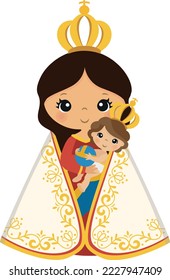 Illustration of our lady of nazareth, virgin of nazareth, brazil, marian devotions, religious images, maria, mother of jesus, virgin mary, children, child jesus with world, crown