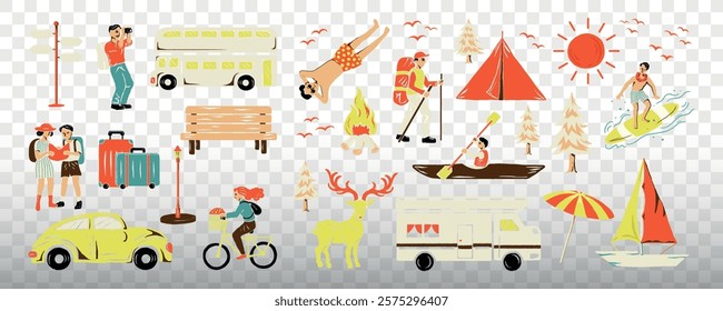 Illustration of outdoor activities: camping, hiking, surfing, and cycling. Includes tents, campfire, and vehicles. Summer adventure and travel themes. Summer vacation element vector set.