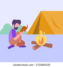 Illustration of outdoor activity. A man doing camping. Vector illustration.