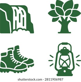 Illustration of outdoor adventure elements including a waterfall, tree, hiking boots, and lantern