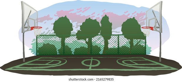 Illustration of an outdoor basketball court. Park, landscape, sports, street, eps ready to use. For your design