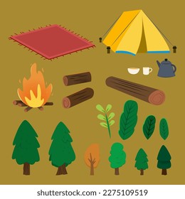 Illustration of outdoor camping element set. Including tent, wood logs, campfire, tea set, mat, and plant isolated on dark mustard background.