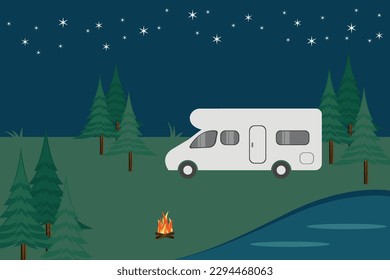 Illustration of outdoor camping scene with campervan, nature background at night with lake and fire for posters, flyers, banners.